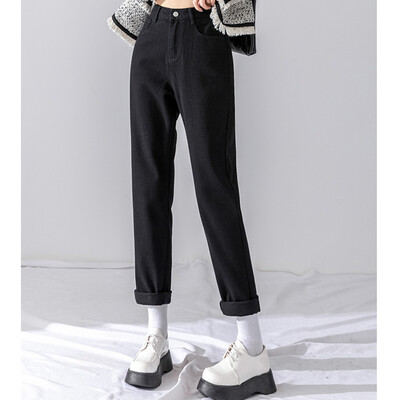 Naised Uued kõrge vöökohaga Korea kitsenevad teksad Daami teksapüksid sirge säärega püksid tüdrukutele sinine seeria beež valge must kaki haaremi püksid