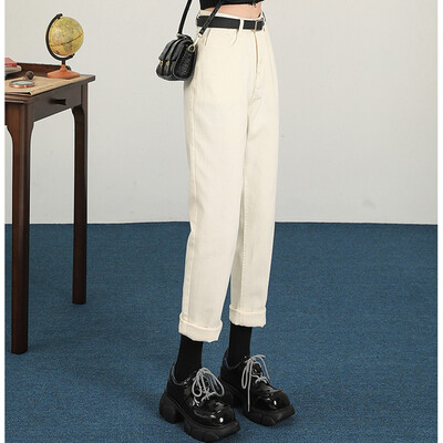 Naised Uued kõrge vöökohaga Korea kitsenevad teksad Daami teksapüksid sirge säärega püksid tüdrukutele sinine seeria beež valge must kaki haaremi püksid