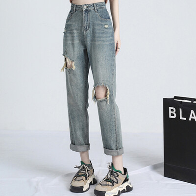 Naised Uued kõrge vöökohaga Korea kitsenevad teksad Daami teksapüksid sirge säärega püksid tüdrukutele sinine seeria beež valge must kaki haaremi püksid