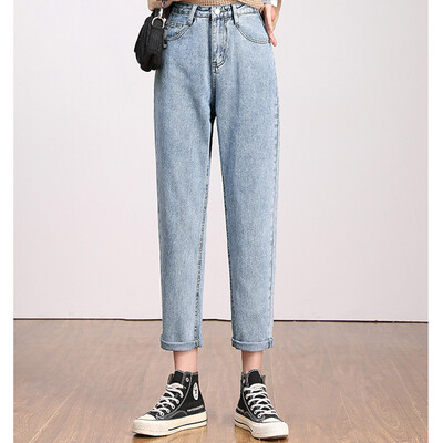 Naised Uued kõrge vöökohaga Korea kitsenevad teksad Daami teksapüksid sirge säärega püksid tüdrukutele sinine seeria beež valge must kaki haaremi püksid