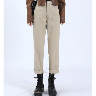 Naised Uued kõrge vöökohaga Korea kitsenevad teksad Daami teksapüksid sirge säärega püksid tüdrukutele sinine seeria beež valge must kaki haaremi püksid