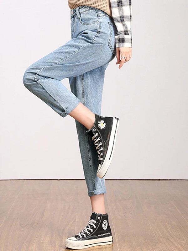 Naised Uued kõrge vöökohaga Korea kitsenevad teksad Daami teksapüksid sirge säärega püksid tüdrukutele sinine seeria beež valge must kaki haaremi püksid