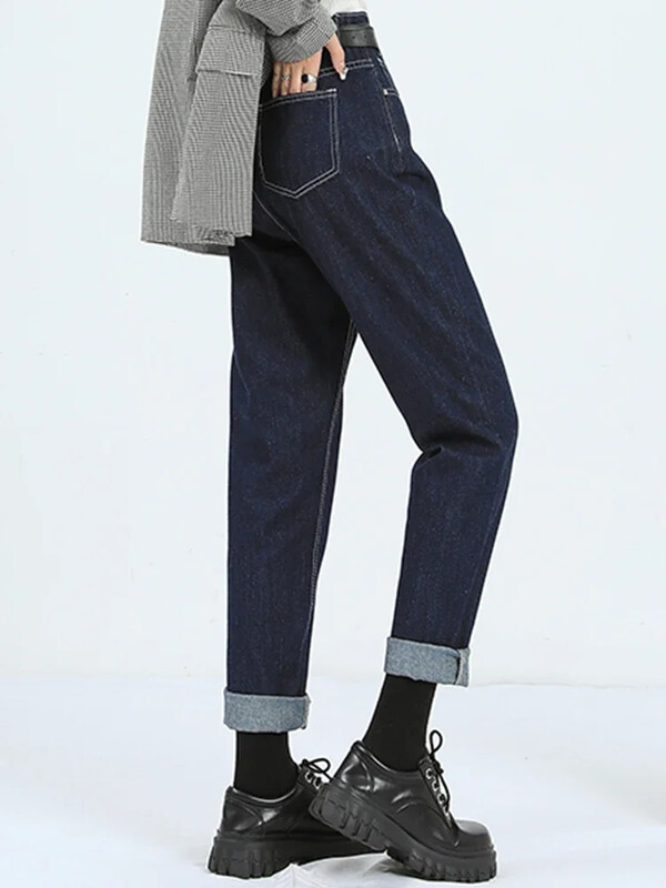 Naised Uued kõrge vöökohaga Korea kitsenevad teksad Daami teksapüksid sirge säärega püksid tüdrukutele sinine seeria beež valge must kaki haaremi püksid