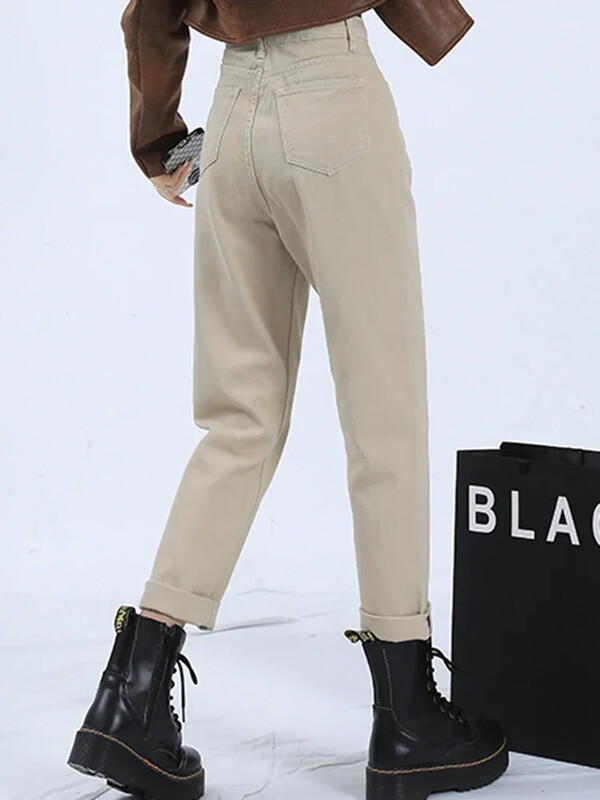 Naised Uued kõrge vöökohaga Korea kitsenevad teksad Daami teksapüksid sirge säärega püksid tüdrukutele sinine seeria beež valge must kaki haaremi püksid