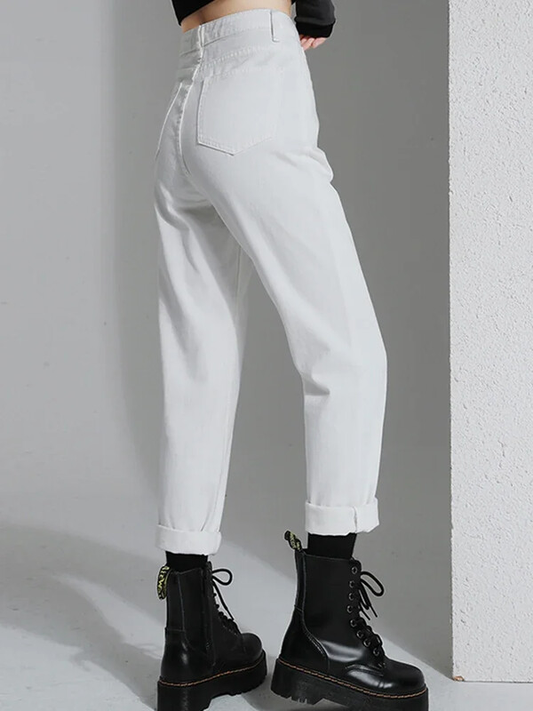 Naised Uued kõrge vöökohaga Korea kitsenevad teksad Daami teksapüksid sirge säärega püksid tüdrukutele sinine seeria beež valge must kaki haaremi püksid