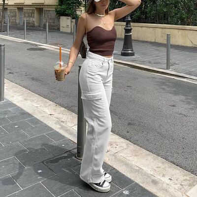 2024. aasta uued naiste moodsad sirge säärega teksad Vabaaja kõrge vöökohaga tänavataskuga vabad püksid, valged aprikoosipuuvillased naiste teksad