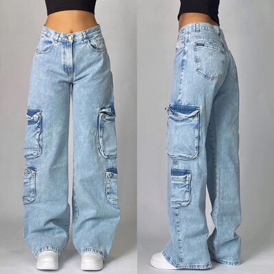 Îmbrăcăminte de stradă americană, nou spălată, albastru deschis, blugi largi, bărbați și femei, Y2K High Street Fashion, retro punk, pantaloni largi cu talie înaltă