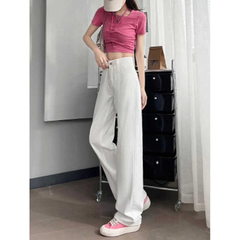 Bijele traperice širokih nogavica za žene Ljeto 2024. Tanke široke ravne hlače visokog struka za žene Minimalističke osnovne traperice