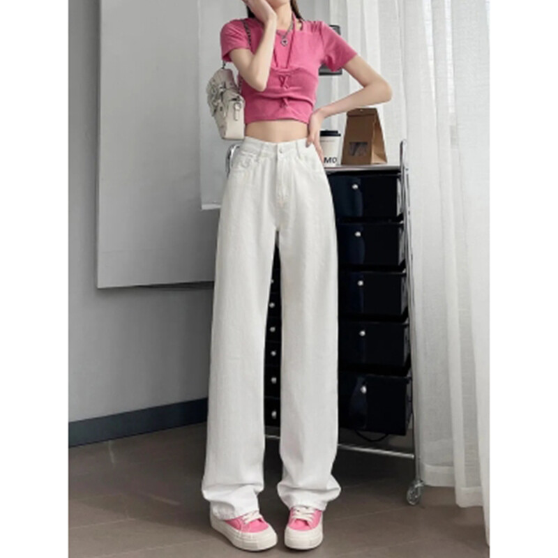 Bijele traperice širokih nogavica za žene Ljeto 2024. Tanke široke ravne hlače visokog struka za žene Minimalističke osnovne traperice