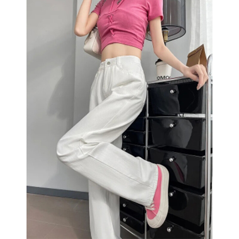 Bijele traperice širokih nogavica za žene Ljeto 2024. Tanke široke ravne hlače visokog struka za žene Minimalističke osnovne traperice