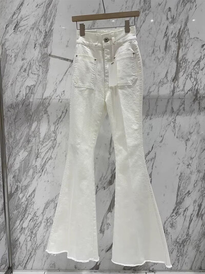 Gagarich Korean Chic Φθινοπωρινό Ευέλικτο Γούνι με διπλή τσέπη Λευκό Σχέδιο Αδυνατιστικό Μικρό Φίμα Τζιν Μακρύ Παντελόνι Γυναικείο