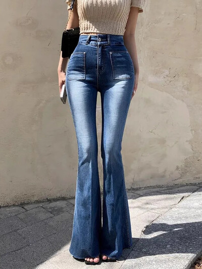 Gagarich Korean Chic Φθινοπωρινό Ευέλικτο Γούνι με διπλή τσέπη Λευκό Σχέδιο Αδυνατιστικό Μικρό Φίμα Τζιν Μακρύ Παντελόνι Γυναικείο