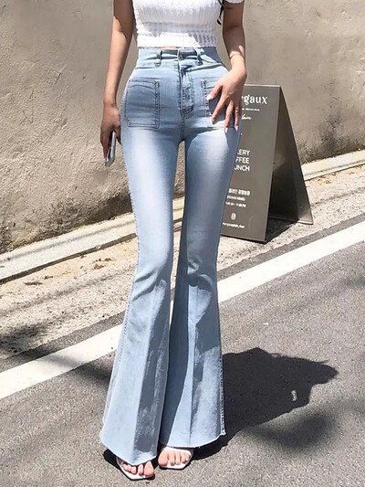 Gagarich Korean Chic Φθινοπωρινό Ευέλικτο Γούνι με διπλή τσέπη Λευκό Σχέδιο Αδυνατιστικό Μικρό Φίμα Τζιν Μακρύ Παντελόνι Γυναικείο