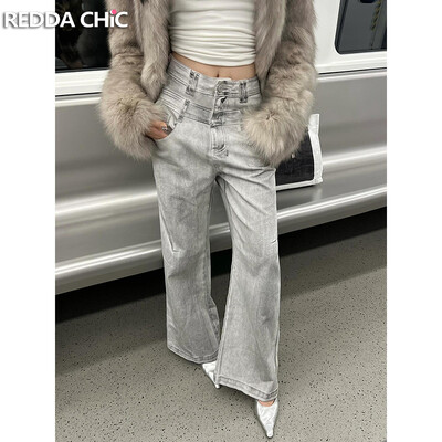 ReddaChic Denim, alb, spălat murdar, pantaloni largi, femei, mărime mare, retro, cu talie înaltă, blugi largi, grunge, Y2k, îmbrăcăminte de stradă