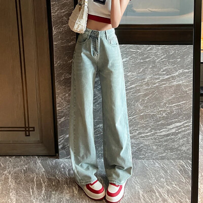 Femei cu talie înaltă, vintage, blugi de designer, pantaloni supradimensionați pentru femei, cu picioare late, pentru fete, alb, albastru deschis, pantaloni din denim