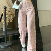 Traperice s otisnutim uzorkom Ženske ljetne jesenske široke ravne traper hlače s visokim strukom, široke nogavice, figurica, američki bijeli medo