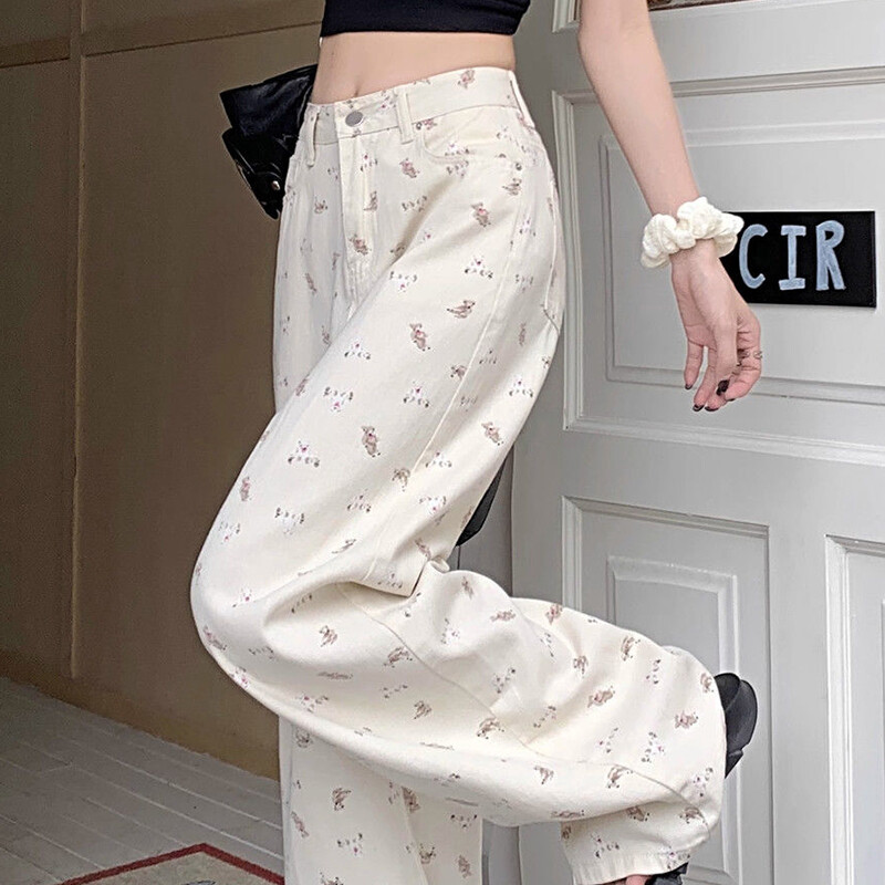 Traperice s otisnutim uzorkom Ženske ljetne jesenske široke ravne traper hlače s visokim strukom, široke nogavice, figurica, američki bijeli medo