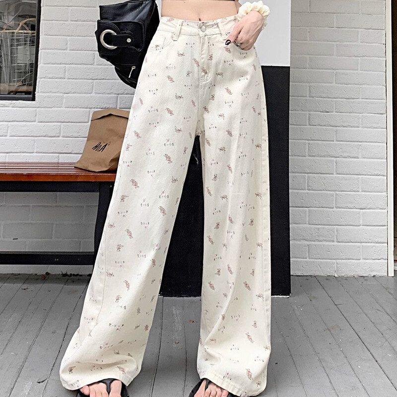Traperice s otisnutim uzorkom Ženske ljetne jesenske široke ravne traper hlače s visokim strukom, široke nogavice, figurica, američki bijeli medo