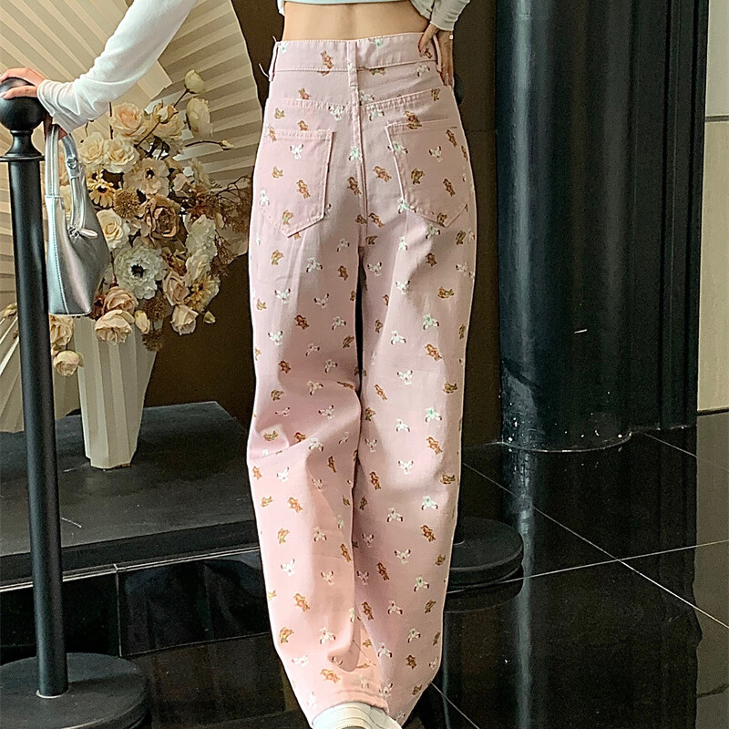 Traperice s otisnutim uzorkom Ženske ljetne jesenske široke ravne traper hlače s visokim strukom, široke nogavice, figurica, američki bijeli medo