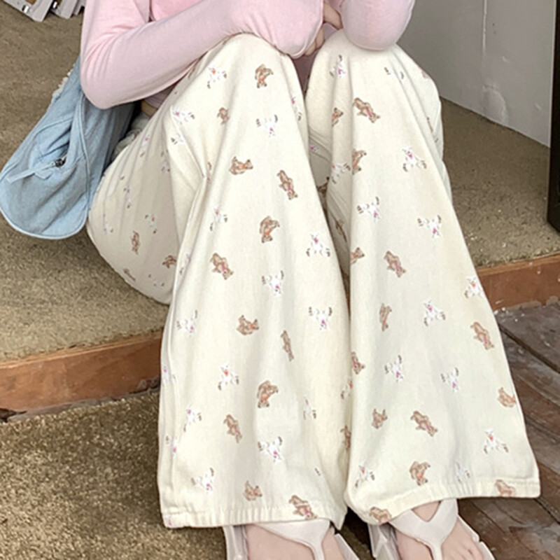 Traperice s otisnutim uzorkom Ženske ljetne jesenske široke ravne traper hlače s visokim strukom, široke nogavice, figurica, američki bijeli medo