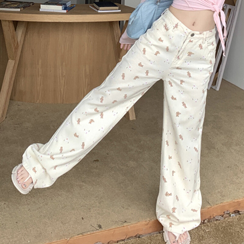 Traperice s otisnutim uzorkom Ženske ljetne jesenske široke ravne traper hlače s visokim strukom, široke nogavice, figurica, američki bijeli medo