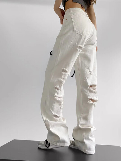 MiKoMiYa suvised rebenenud teksad naistele kõrge vöökohaga tänavarõivad sirged naiste teksapüksid lõhki valged laia säärega teksapüksid