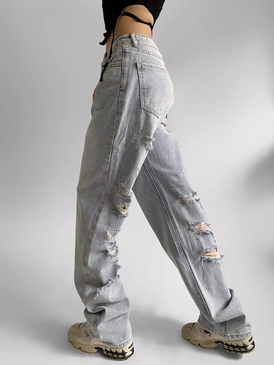 MiKoMiYa suvised rebenenud teksad naistele kõrge vöökohaga tänavarõivad sirged naiste teksapüksid lõhki valged laia säärega teksapüksid