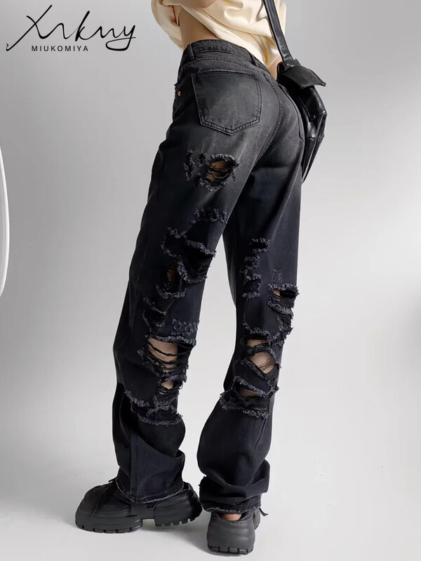 MiKoMiYa suvised rebenenud teksad naistele kõrge vöökohaga tänavarõivad sirged naiste teksapüksid lõhki valged laia säärega teksapüksid