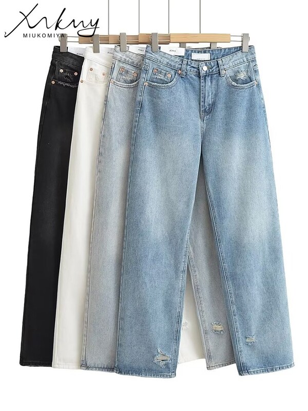 MiKoMiYa suvised rebenenud teksad naistele kõrge vöökohaga tänavarõivad sirged naiste teksapüksid lõhki valged laia säärega teksapüksid