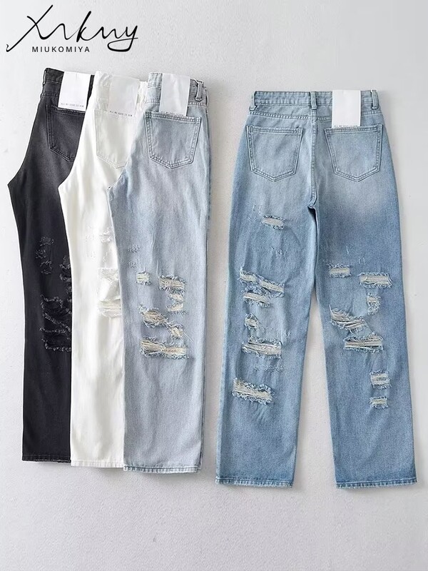 MiKoMiYa suvised rebenenud teksad naistele kõrge vöökohaga tänavarõivad sirged naiste teksapüksid lõhki valged laia säärega teksapüksid