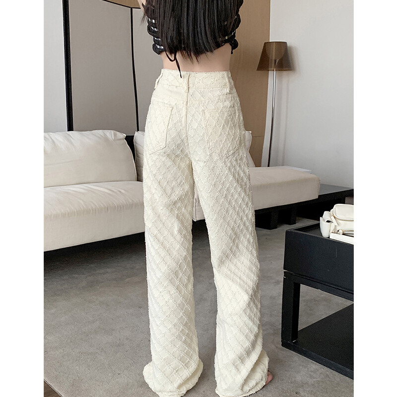 Bijele traperice visokog struka s dijamantnim cvjetnim kockicama za žene, novo proljeće 2024., široke hlače s jacquard dizajnom