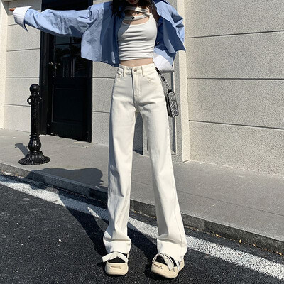Bijele traperice visokog struka za žene Bijele Y2k široke traperice širokih nogavica Uske korejske modne ženske ravne traper hlače Ulična odjeća