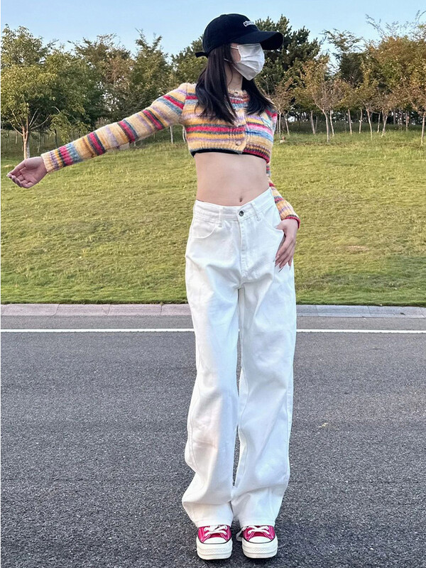 Uredske ženske modne pamučne traperice Deeptown Y2k širokih nogavica u bijeloj boji ženske traperice mom jeans kargo hlače ženske