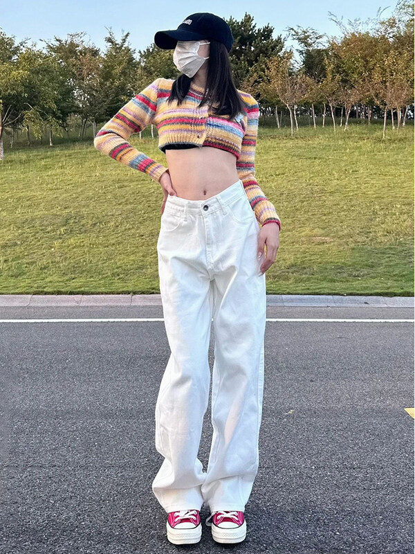 Uredske ženske modne pamučne traperice Deeptown Y2k širokih nogavica u bijeloj boji ženske traperice mom jeans kargo hlače ženske