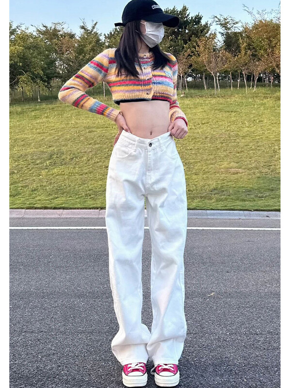Uredske ženske modne pamučne traperice Deeptown Y2k širokih nogavica u bijeloj boji ženske traperice mom jeans kargo hlače ženske