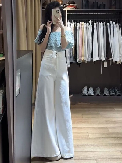 Valged kõrge vöökohaga teksad Laia säärega kottis püksid Streetwear püksid Y2k Fashion 2024 mitmekülgsed lahtised teksapüksid Mom teksad