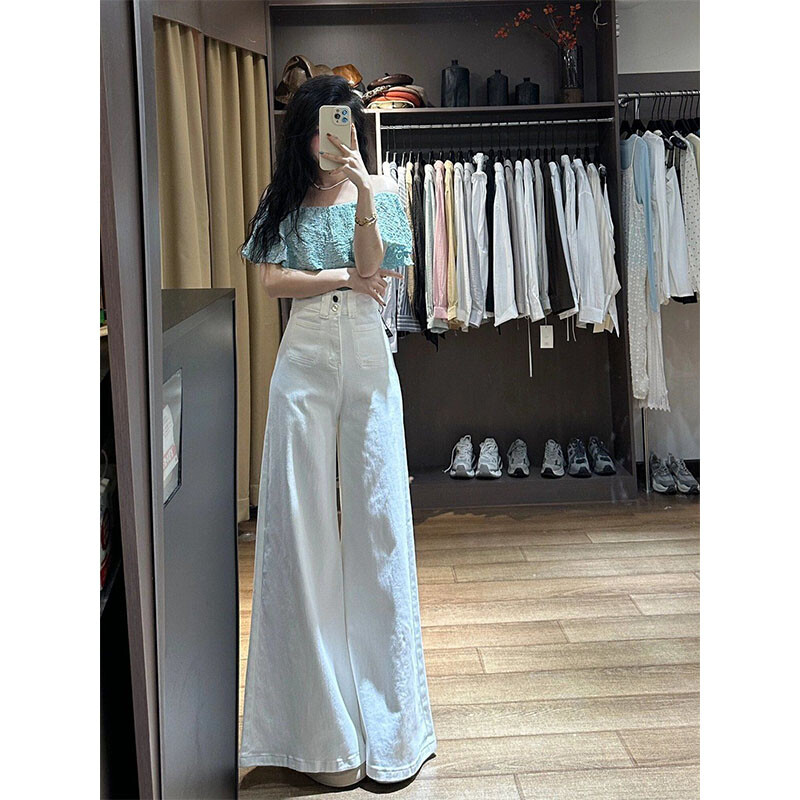 Valged kõrge vöökohaga teksad Laia säärega kottis püksid Streetwear püksid Y2k Fashion 2024 mitmekülgsed lahtised teksapüksid Mom teksad