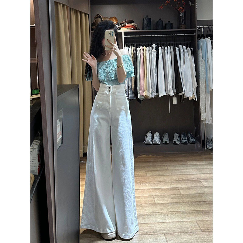 Valged kõrge vöökohaga teksad Laia säärega kottis püksid Streetwear püksid Y2k Fashion 2024 mitmekülgsed lahtised teksapüksid Mom teksad