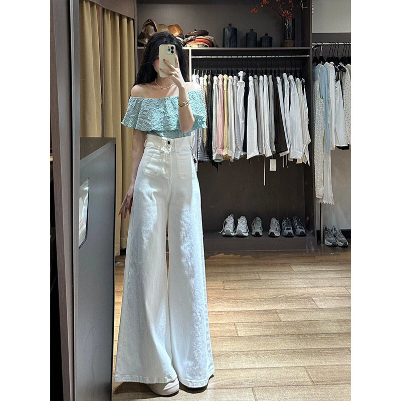 Valged kõrge vöökohaga teksad Laia säärega kottis püksid Streetwear püksid Y2k Fashion 2024 mitmekülgsed lahtised teksapüksid Mom teksad