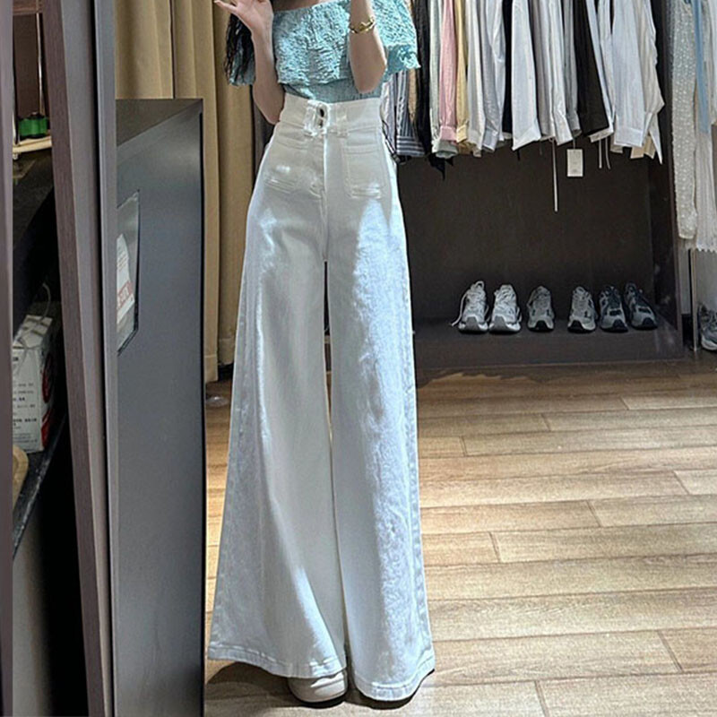 Valged kõrge vöökohaga teksad Laia säärega kottis püksid Streetwear püksid Y2k Fashion 2024 mitmekülgsed lahtised teksapüksid Mom teksad