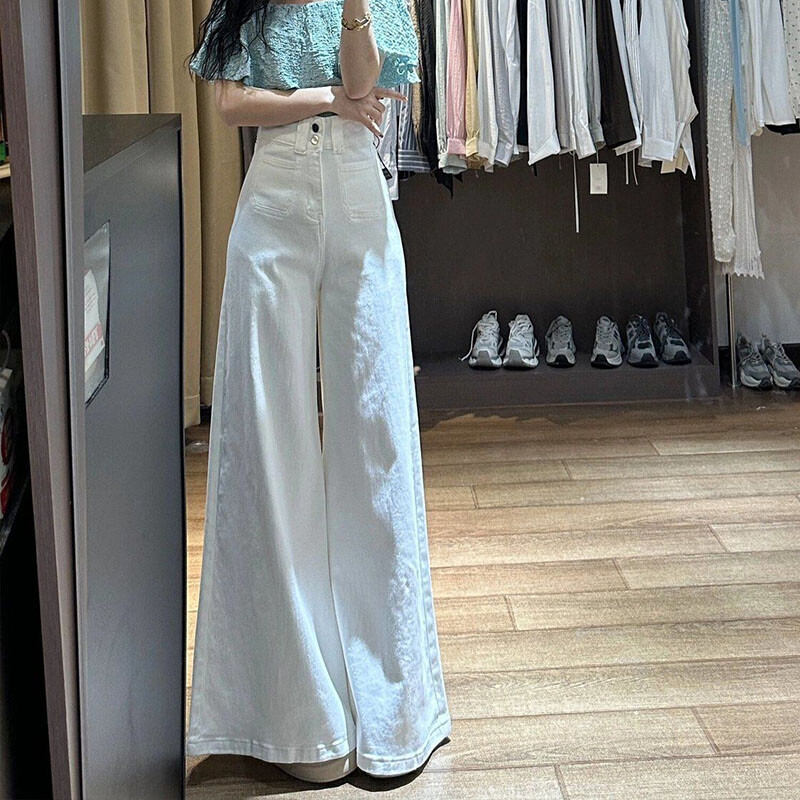 Valged kõrge vöökohaga teksad Laia säärega kottis püksid Streetwear püksid Y2k Fashion 2024 mitmekülgsed lahtised teksapüksid Mom teksad