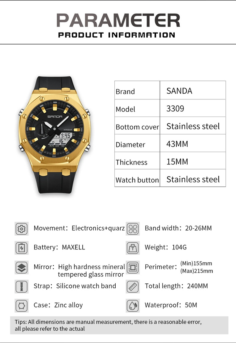 SANDA digitalni LED sat muški vojni sportski kvarcni ručni sat vrhunske marke luksuzna štoperica vodootporni muški elektronski sat 3309