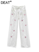 DEAT naiste teksad, kõrge vöökohaga valge lai jalg lahtiselt roosa südamega tikandid teemandid sirged teksapüksid 2024 suvi uus mood