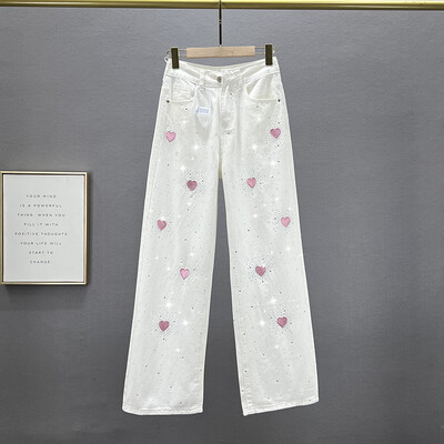 DEAT naiste teksad, kõrge vöökohaga valge lai jalg lahtiselt roosa südamega tikandid teemandid sirged teksapüksid 2024 suvi uus mood