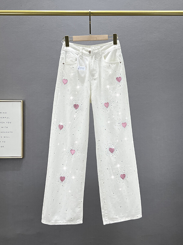 DEAT naiste teksad, kõrge vöökohaga valge lai jalg lahtiselt roosa südamega tikandid teemandid sirged teksapüksid 2024 suvi uus mood