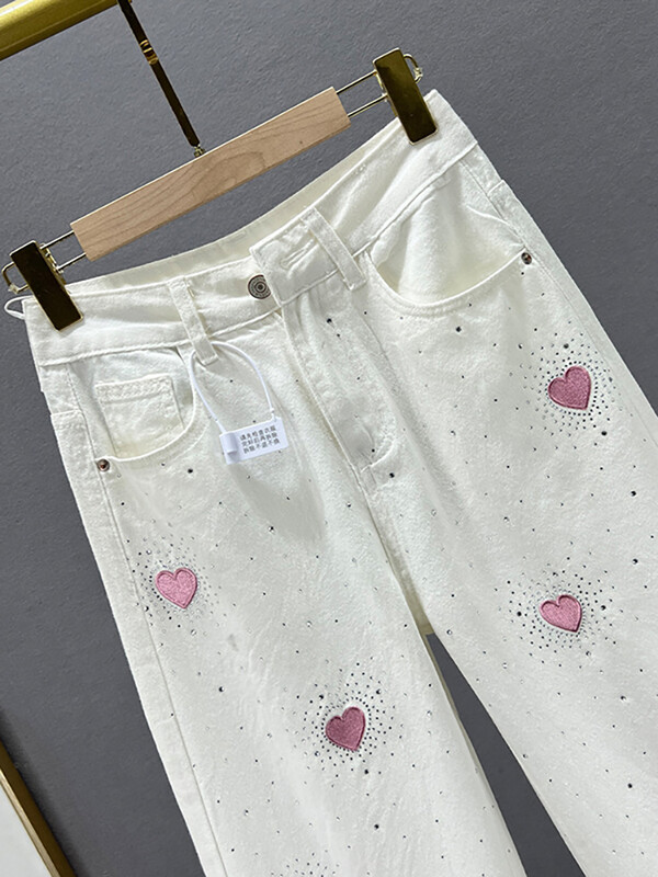 DEAT naiste teksad, kõrge vöökohaga valge lai jalg lahtiselt roosa südamega tikandid teemandid sirged teksapüksid 2024 suvi uus mood