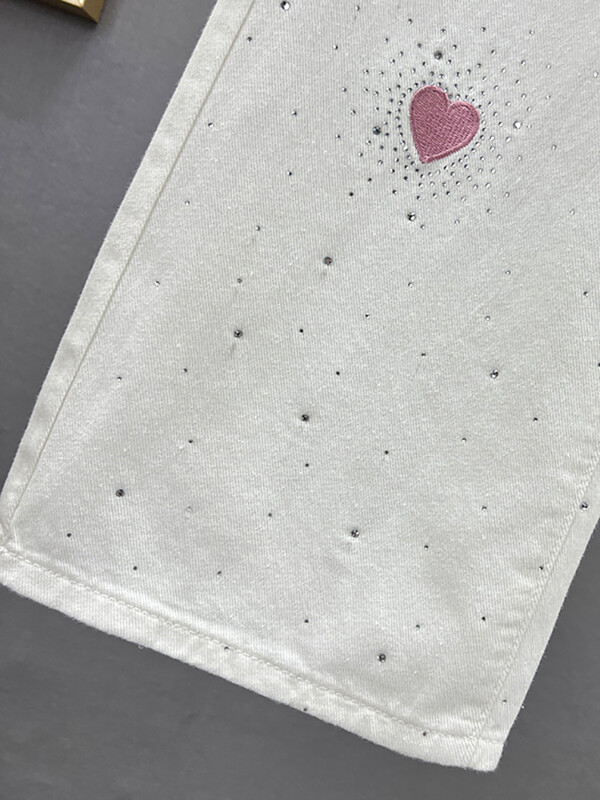 DEAT naiste teksad, kõrge vöökohaga valge lai jalg lahtiselt roosa südamega tikandid teemandid sirged teksapüksid 2024 suvi uus mood