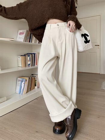 Χειμερινό λευκό ψηλόμεσο φαρδύ πόδι Vaqueros Velveteen Lined Baggy Pantalones Korea Vintage Jeans Κομψό casual γυναικείο τζιν παντελόνι