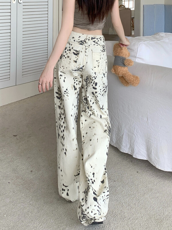 2024 Jaapani 2000S Style Y2K White Leopard Baggy Uued Teksad Püksid Naistele Riided Laia säärega Naistepüksid Pantalones Esteetilised