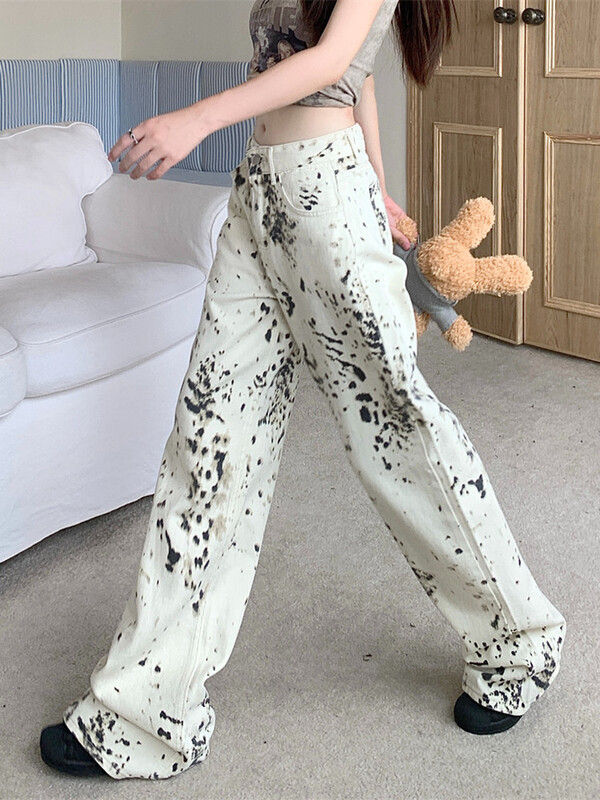 2024 Jaapani 2000S Style Y2K White Leopard Baggy Uued Teksad Püksid Naistele Riided Laia säärega Naistepüksid Pantalones Esteetilised